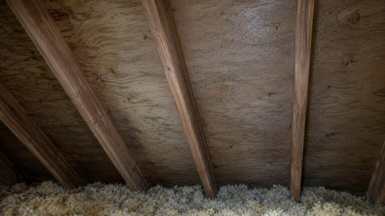 Condensation droplets, faint staining, and rust-colored nail tips on attic roof sheathing between wooden rafters above loose insulation.