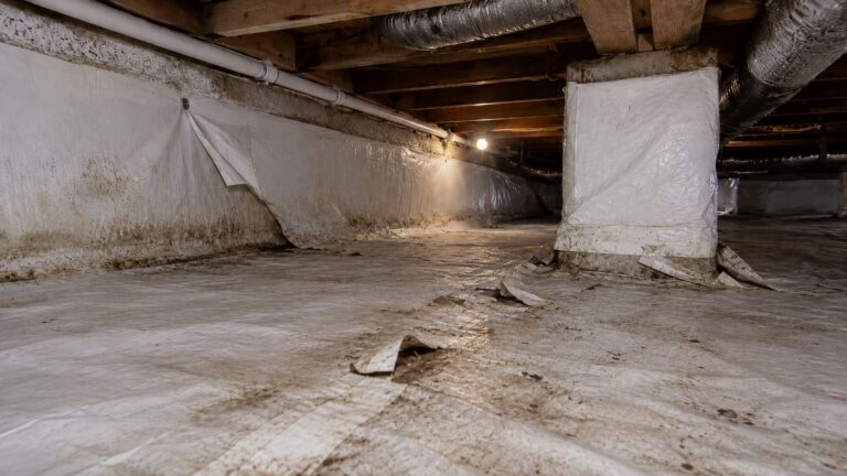 Failed crawl space encapsulation with lifted vapor barrier seams, loose wall liner, dirty moisture staining, and sagging liner around a support pier.