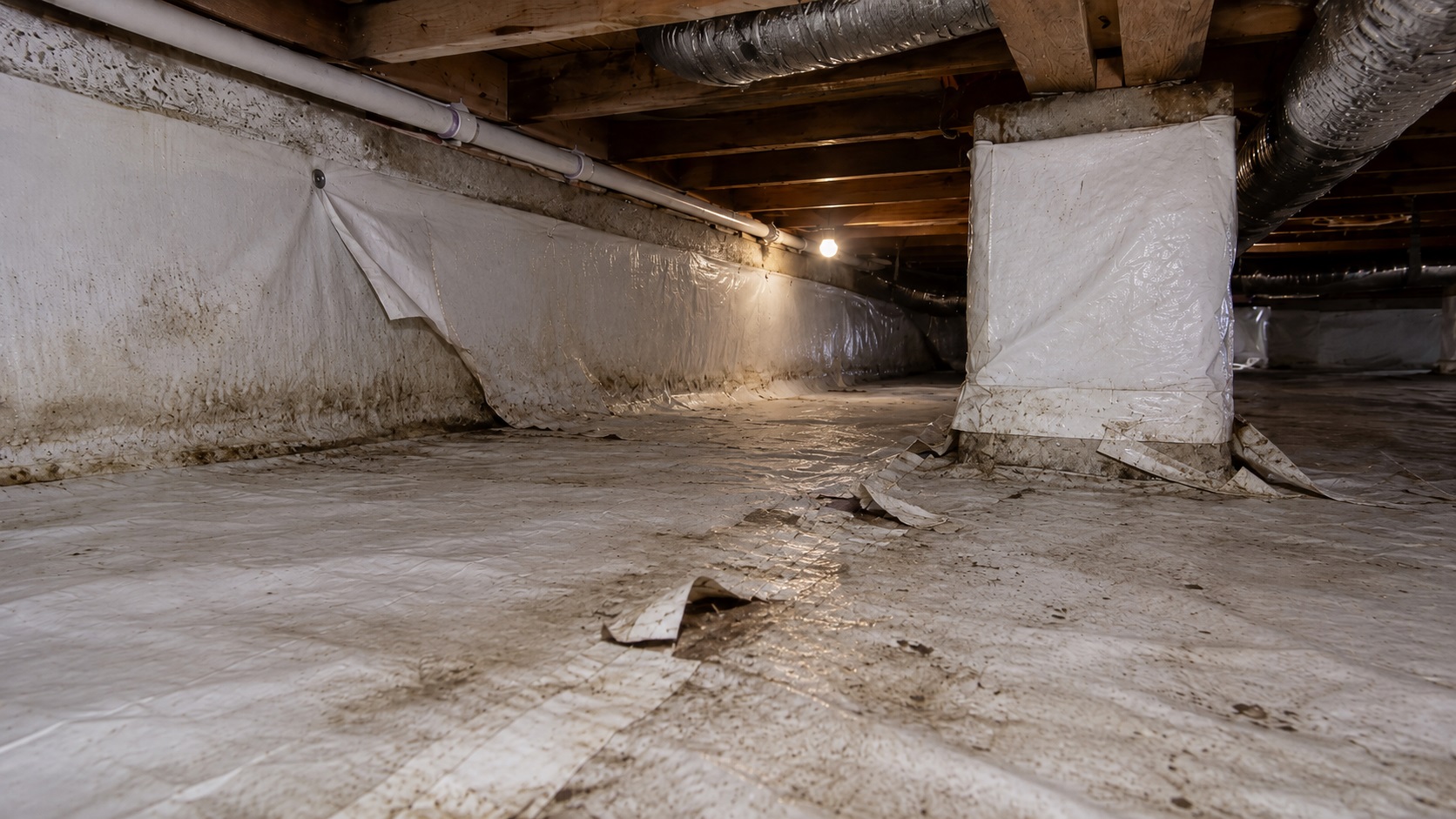 Failed crawl space encapsulation with lifted vapor barrier seams, loose wall liner, dirty moisture staining, and sagging liner around a support pier.