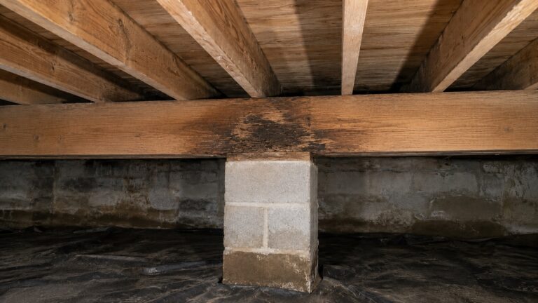 Moisture-damaged load-bearing wood beam resting on a masonry pier in a crawl space with dark staining and compression near the support point.