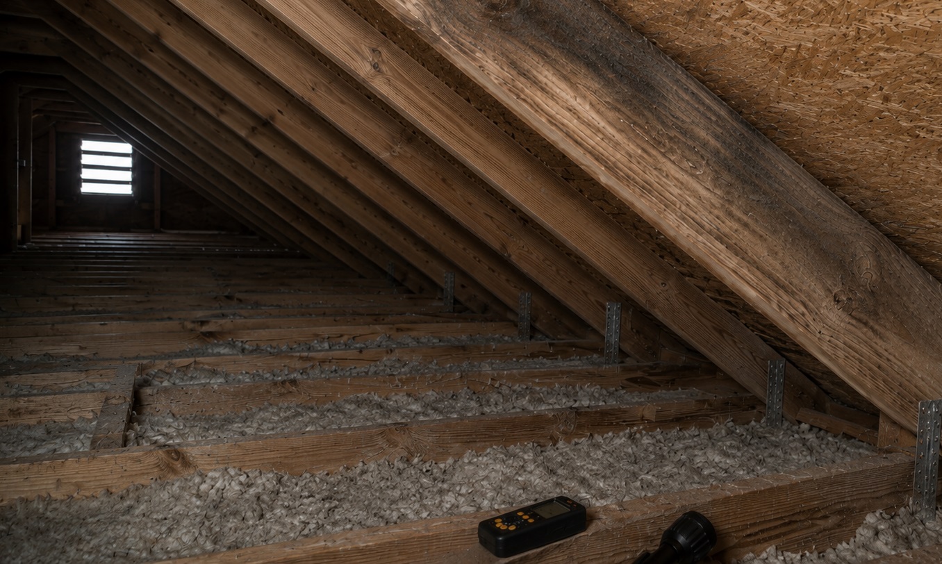 Dusty attic rafters with subtle dark moisture staining on one roof rafter near the sheathing, with insulation and inspection tools below.