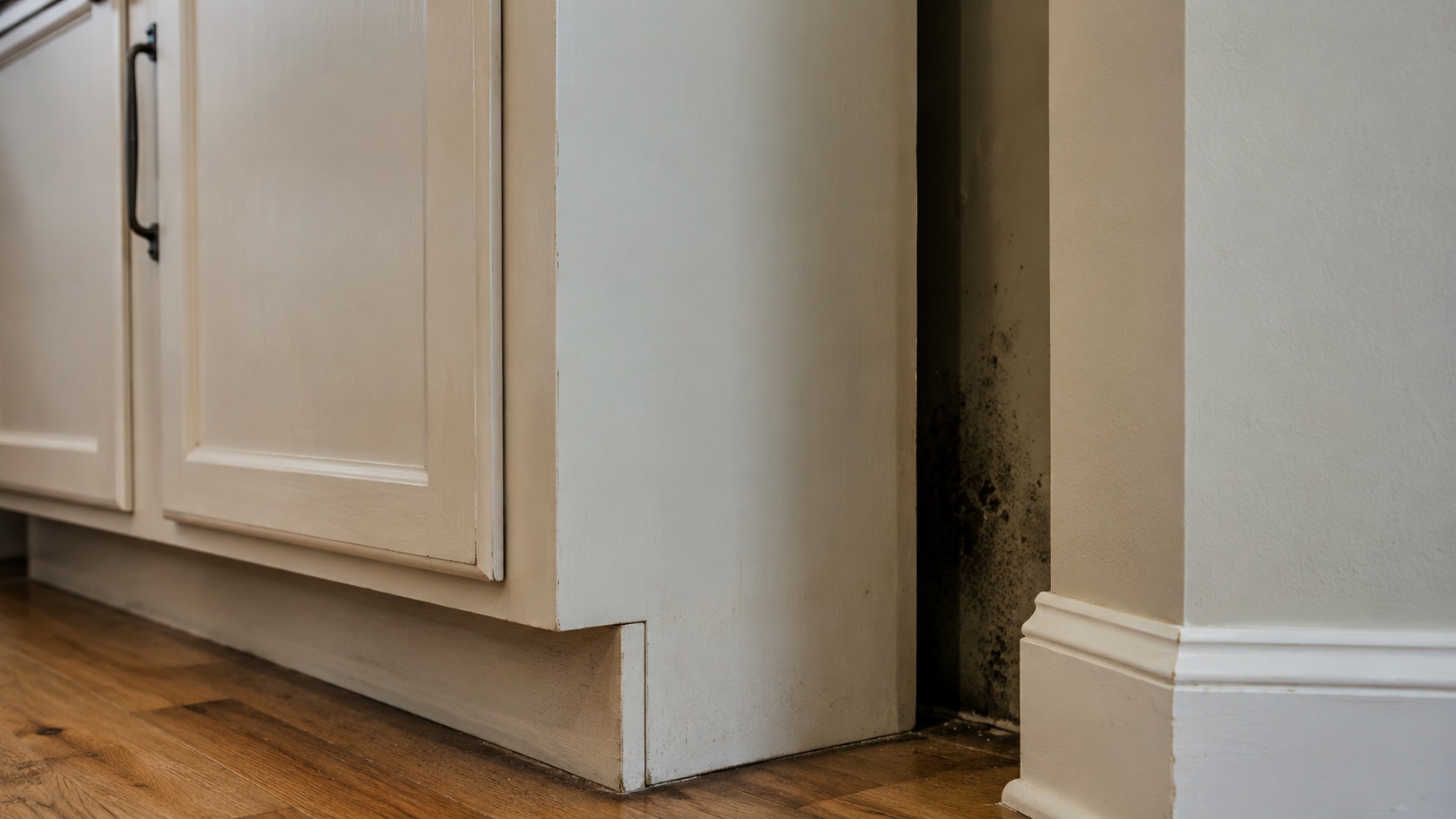 Subtle mold speckling visible in a narrow gap beside a kitchen base cabinet near the floor.