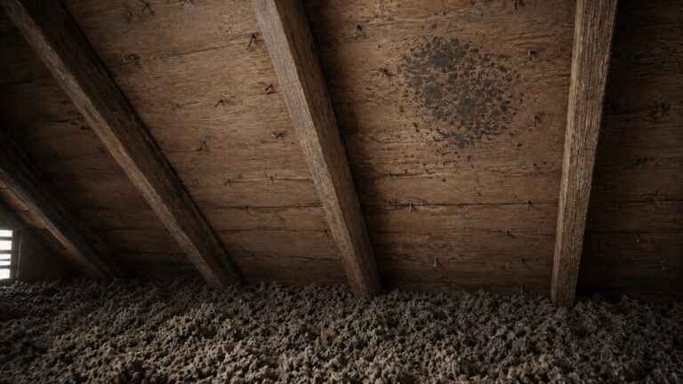 Sloped attic roof decking with dark mold staining, exposed rafters, protruding roofing nails, and loose-fill insulation below