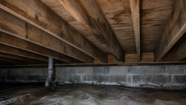 Moisture-damaged wooden floor joists with dark staining and surface decay above a crawl space vapor barrier.