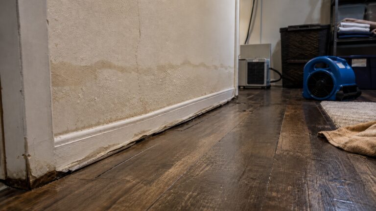 Low-angle view of a post-flood room with stained lower walls, swollen baseboards, buckled flooring, and drying equipment.