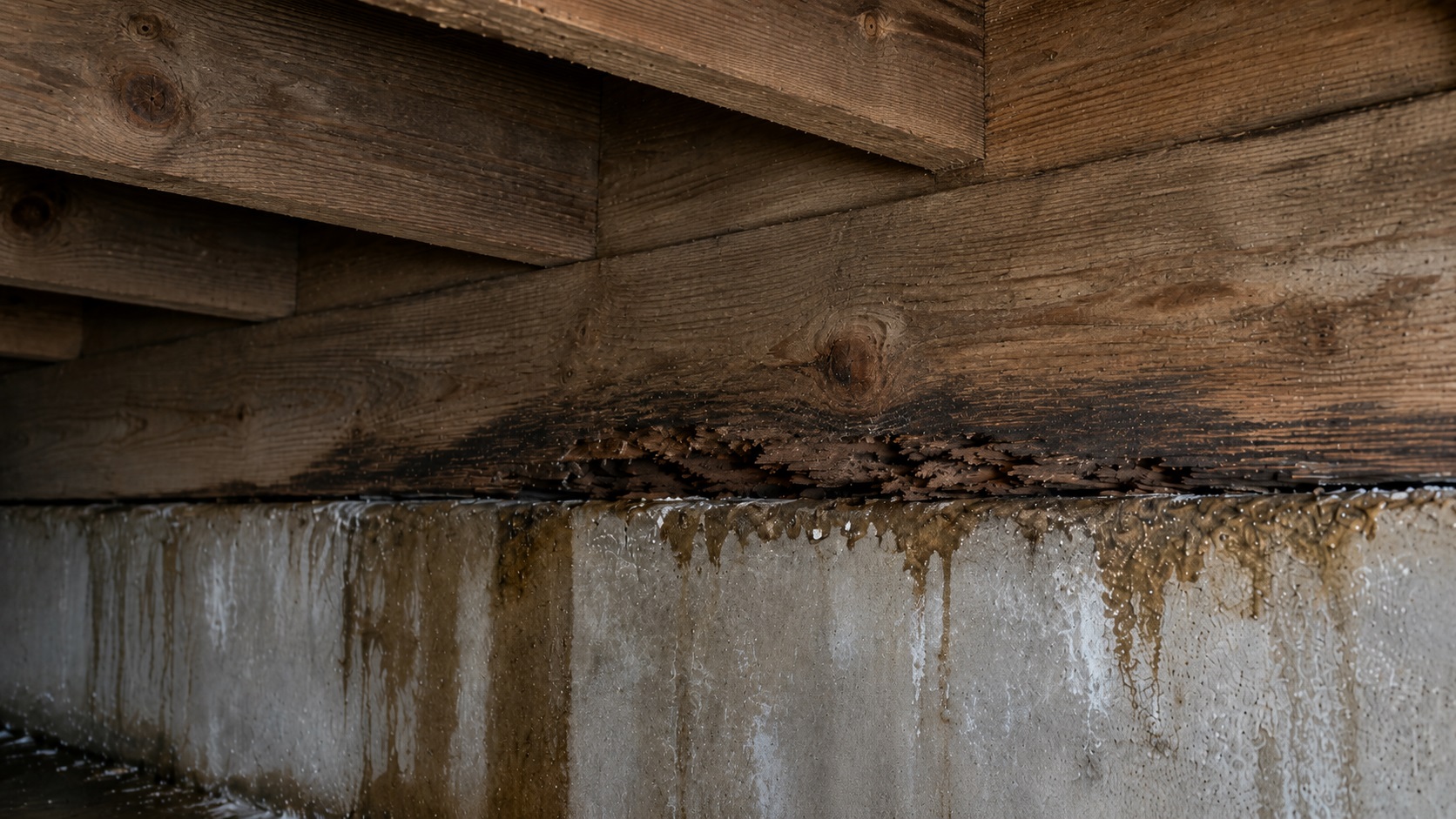 Aged crawl space framing with dark moisture staining and localized structural wood rot above a damp concrete foundation wall.