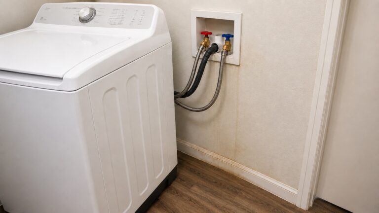 Washing machine with subtle wall stains, baseboard discoloration, and floor damage near the water supply hoses