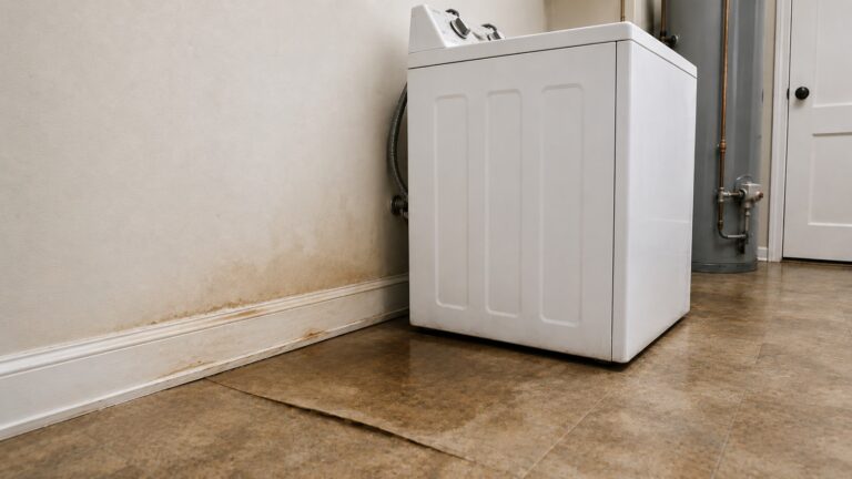 White washing machine in a laundry room with subtle wall discoloration, stained baseboard, and darkened flooring suggesting water damage under the floor.