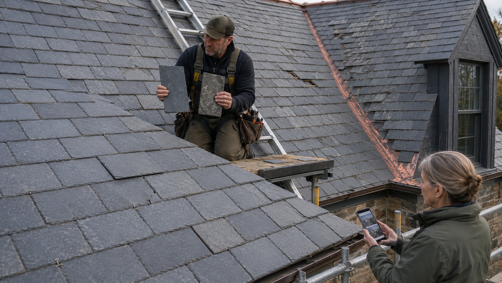 Slate roofing specialist comparing new and weathered slate tiles while inspecting localized and widespread damage on an older slate roof.