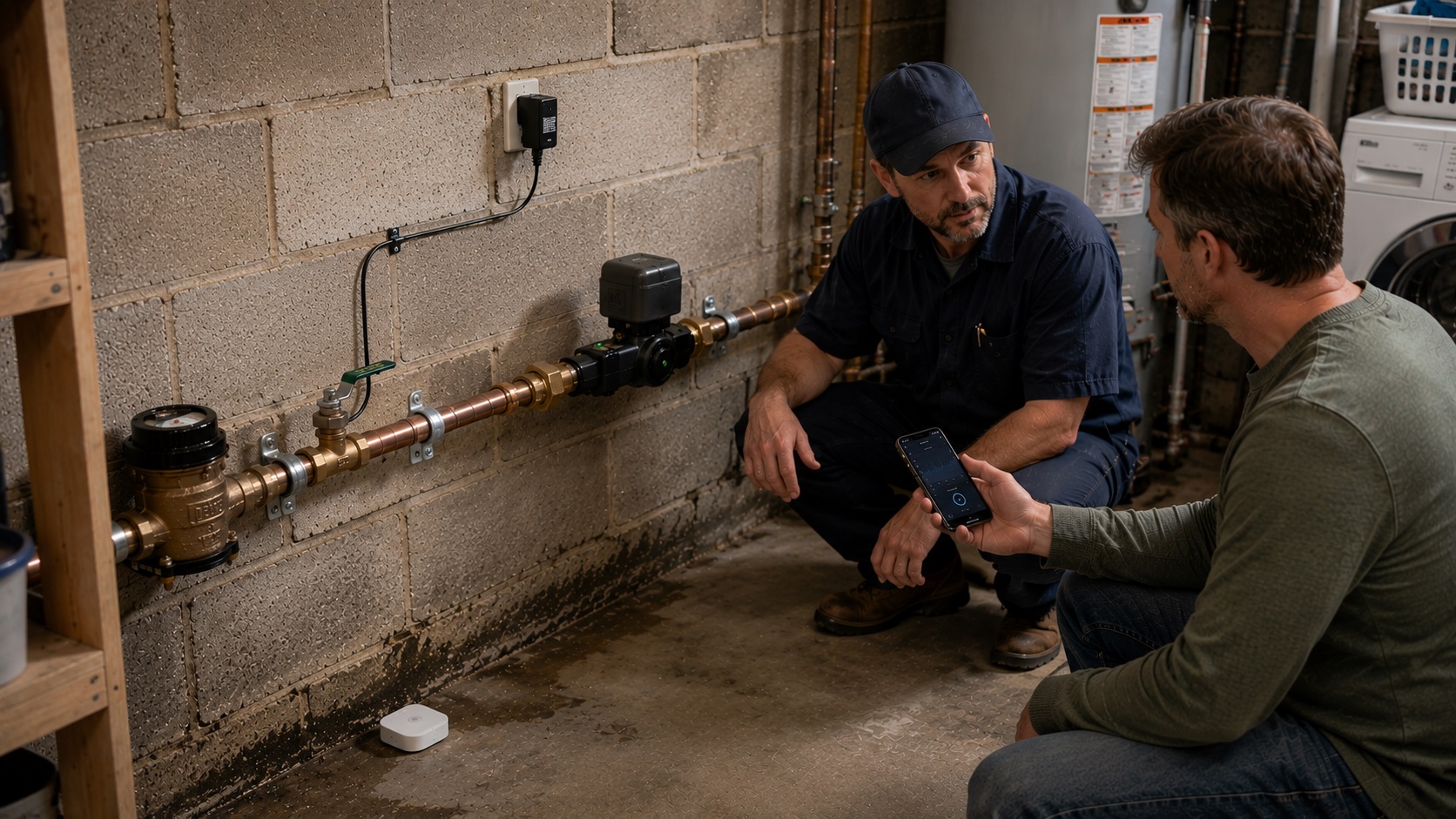 A plumber explains a whole-home smart water shutoff system installed inline on a basement main water pipe while a homeowner checks a smartphone, with a small leak sensor on the floor nearby.