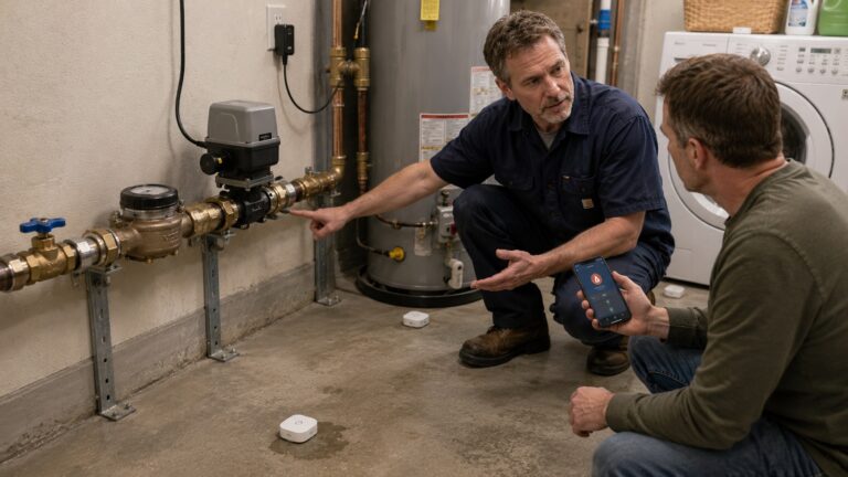 A plumber and homeowner compare a whole-home smart water shutoff valve on the main water line with standalone leak sensors placed near a water heater and washing machine in a realistic utility room.