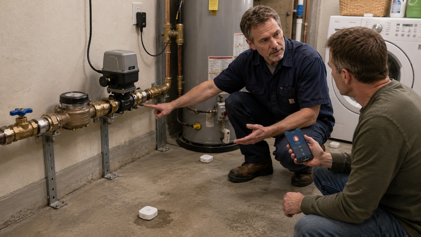 A plumber and homeowner compare a whole-home smart water shutoff valve on the main water line with standalone leak sensors placed near a water heater and washing machine in a realistic utility room.