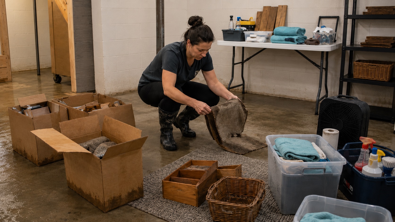 Homeowner sorting wet boxes, rugs, plastic bins, and household items in a damp basement after flood damage.