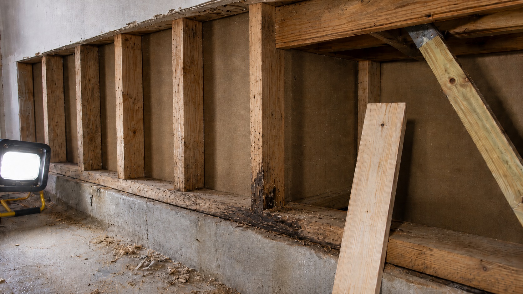 Exposed basement wall framing with moisture-damaged lower studs and sill plate above a concrete foundation, with repair lumber and a work light nearby.