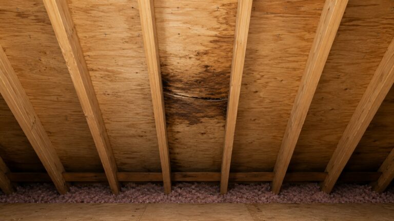 Attic roof decking with evenly spaced rafters, visible roofing nail tips, water staining, and a localized sag in the plywood sheathing.