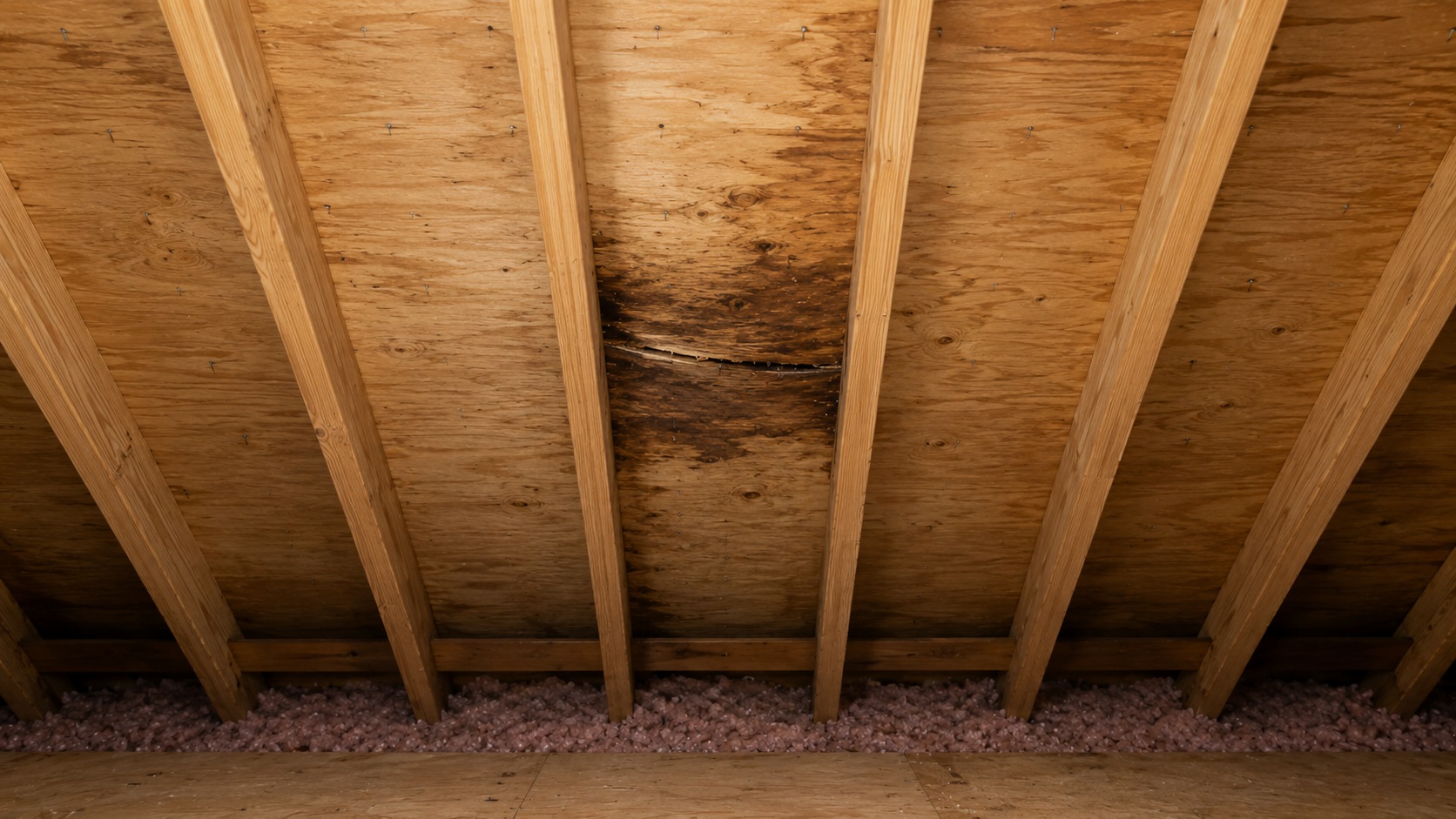 Attic roof decking with evenly spaced rafters, visible roofing nail tips, water staining, and a localized sag in the plywood sheathing.