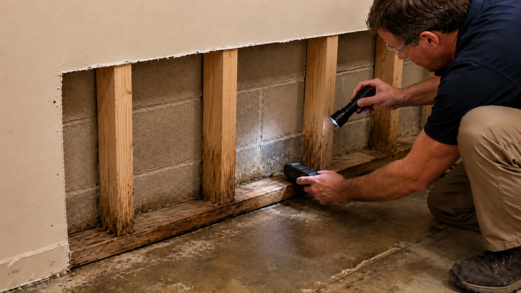 Inspector uses a flashlight and moisture meter to evaluate water-damaged wall framing and sill plate in a basement.