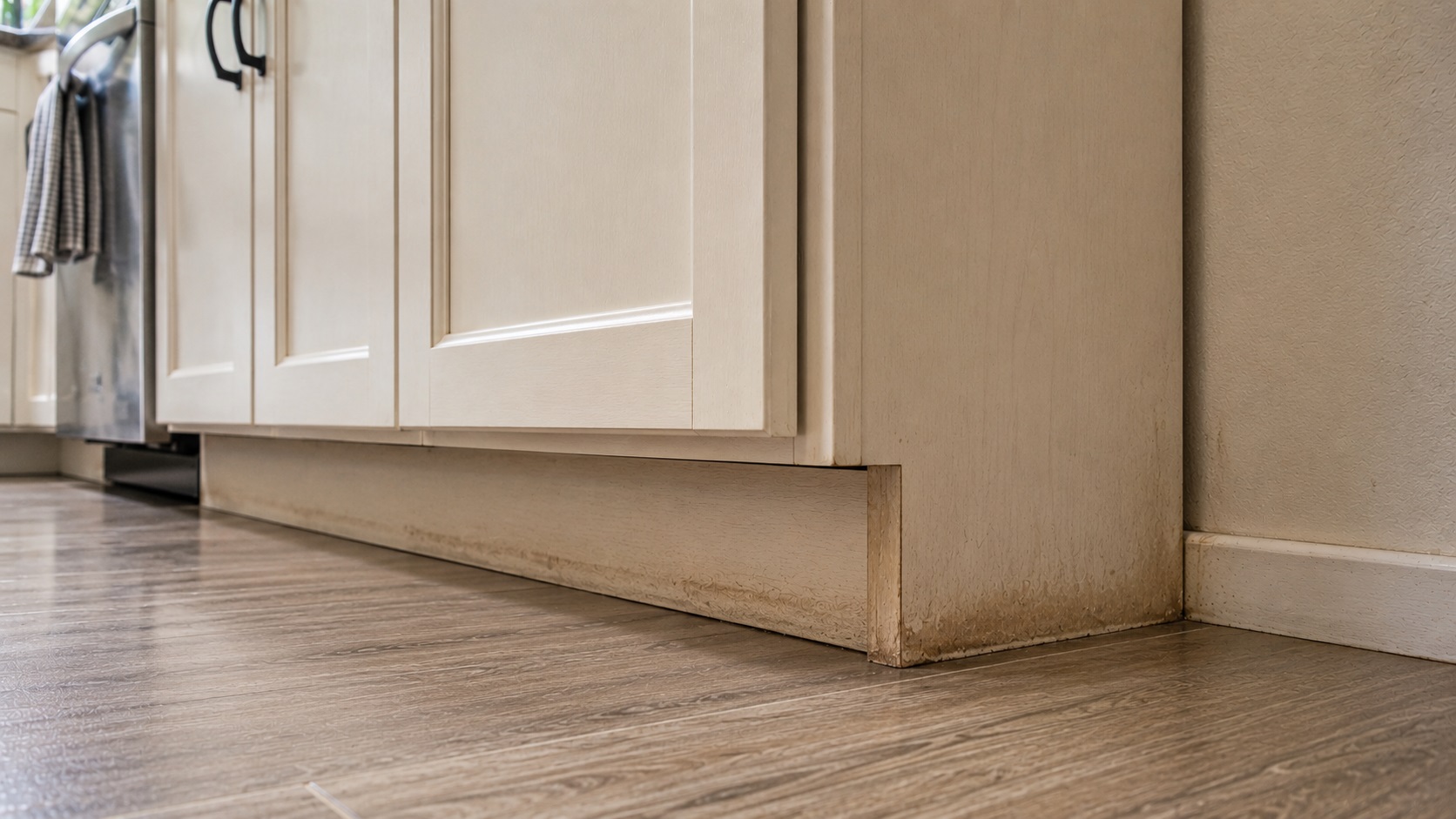 Low-angle view of kitchen lower cabinets showing faint moisture staining and darkened seams near the recessed toe-kick and floor.
