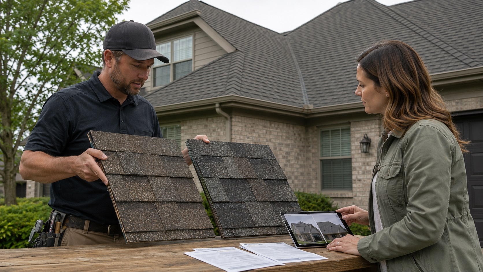 Roofing contractor and homeowner comparing two architectural asphalt shingle sample boards beside a house.