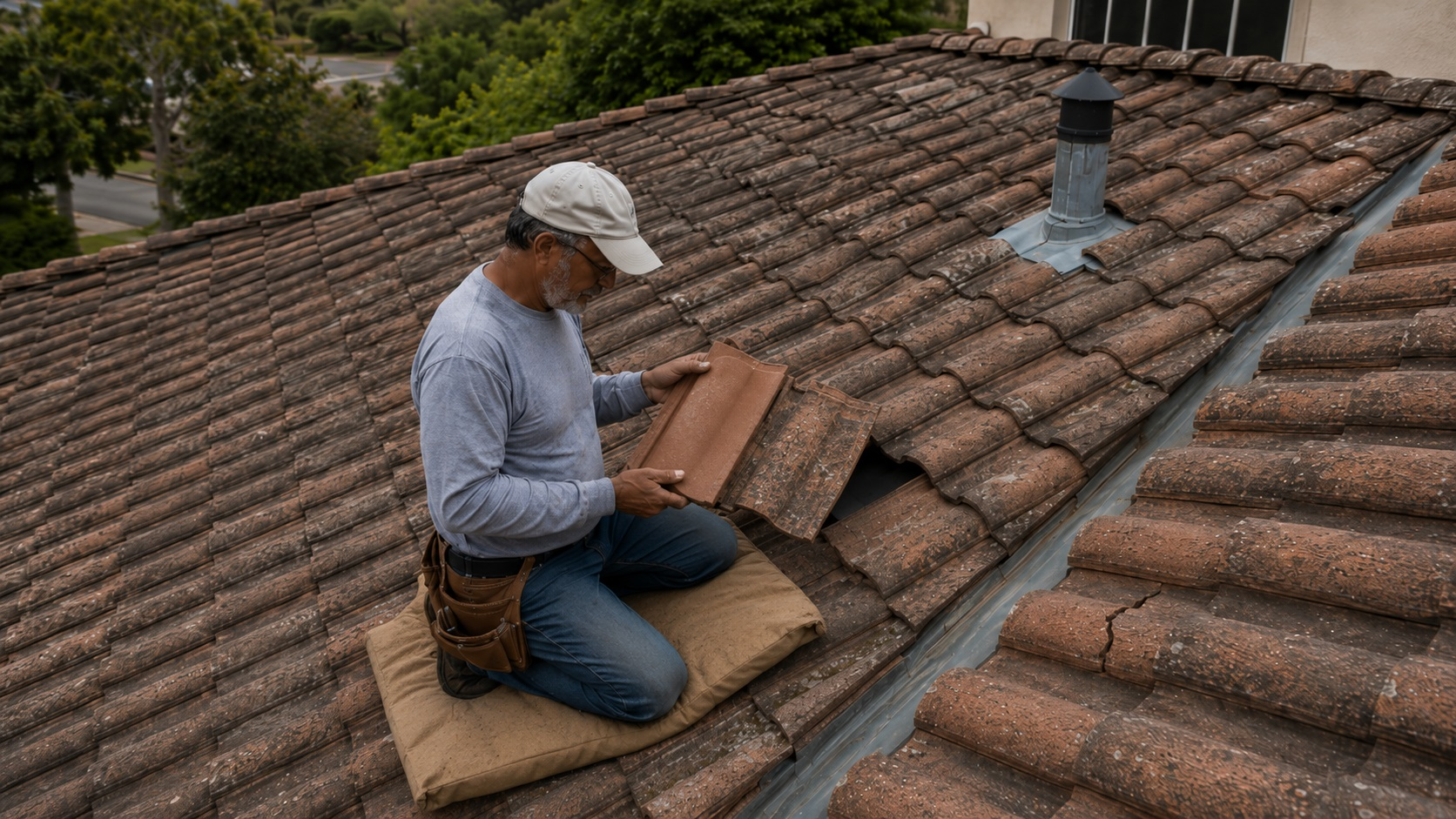 A tile roofer kneels on a foam cushion while comparing new and weathered roof tiles beside a small inspection opening on an aging clay tile roof.