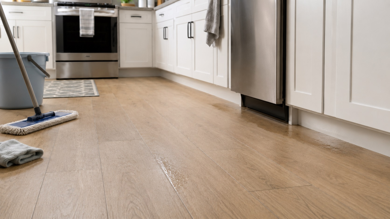 Freshly mopped kitchen floor with small lingering wet patches near plank seams, cabinet toe-kicks, and an appliance base.