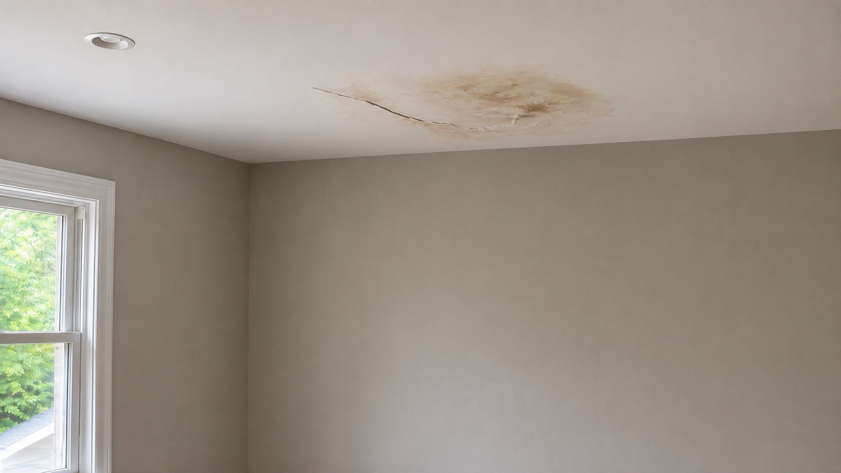 Water-stained residential drywall ceiling with a shallow sag, cracked seam, and peeling paint near a room corner and window.