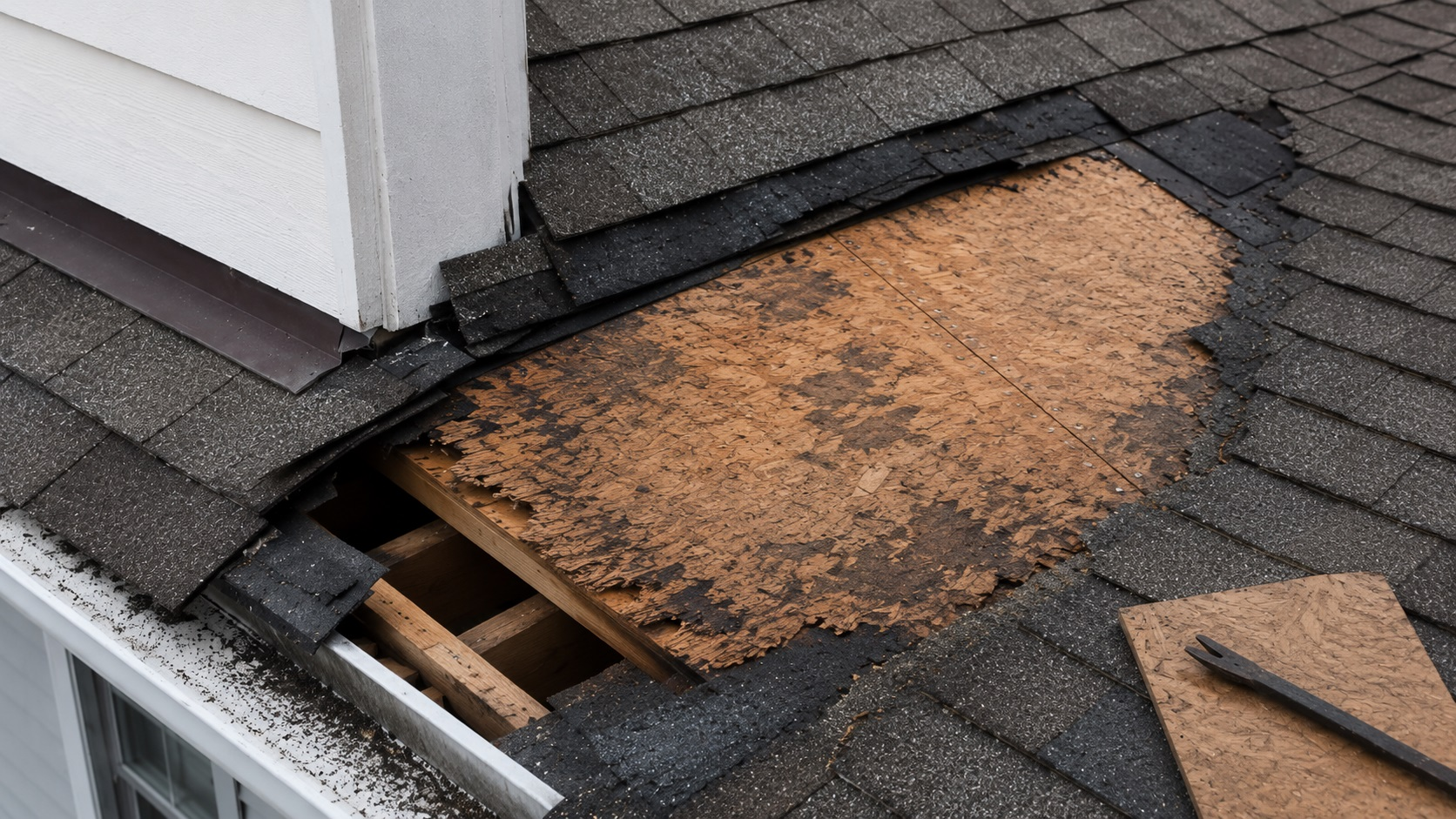 Water-Damaged Roof Decking Exposed During Repair