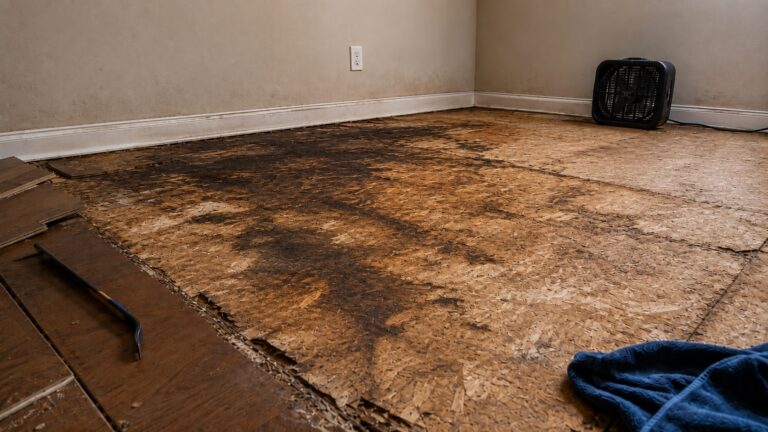 Exposed OSB subfloor with dark water stains, swollen seams, removed flooring planks, a pry bar, towel, and fan during water damage repair.