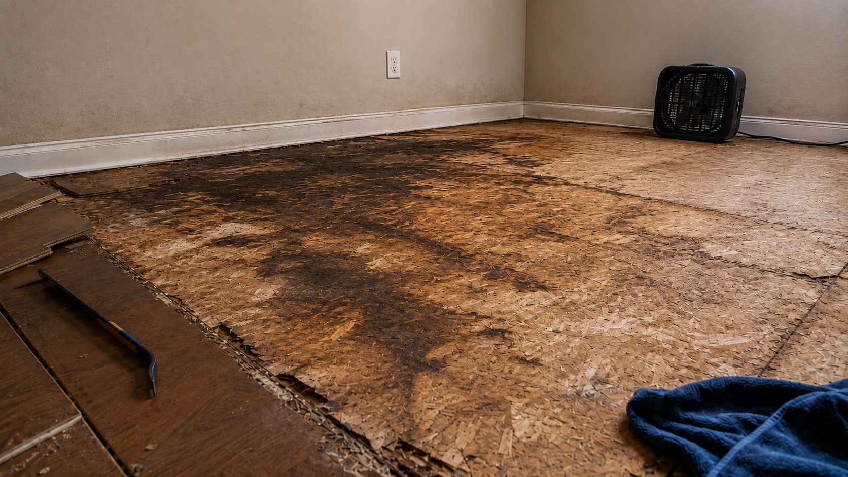 Exposed OSB subfloor with dark water stains, swollen seams, removed flooring planks, a pry bar, towel, and fan during water damage repair.