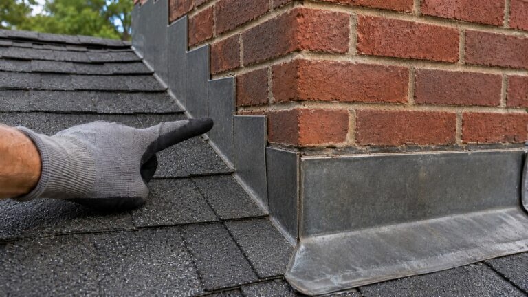 Close-up of weathered chimney flashing on an asphalt shingle roof, with a gloved hand pointing to a small failed seam near the brick chimney.