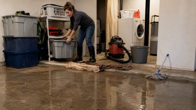 Homeowner in rubber boots moves storage bins away from shallow floodwater in a basement laundry room with towels, mop, bucket, and wet/dry vacuum nearby.