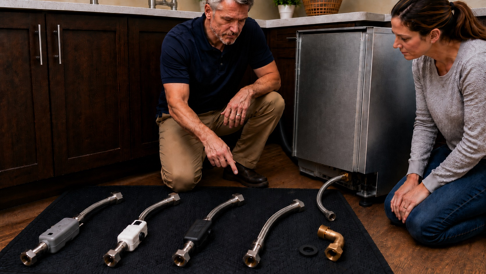 Plumbing professional and homeowner comparing dishwasher supply lines beside a pulled-forward dishwasher with separate water and drain hose connections.