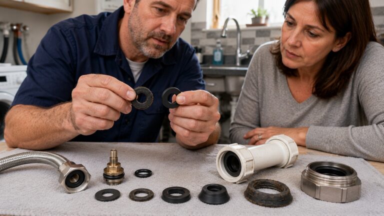 A plumber and homeowner compare new and worn plumbing gaskets on a kitchen counter beside a hose fitting, slip-joint fitting, and assorted seals.