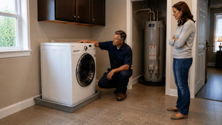 A plumber and homeowner evaluate a washing machine sitting in a leak pan inside a laundry room, with a water heater visible nearby.