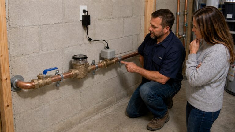 Plumber showing a homeowner a smart water shutoff installed on an accessible main copper water line after the manual valve and water meter.