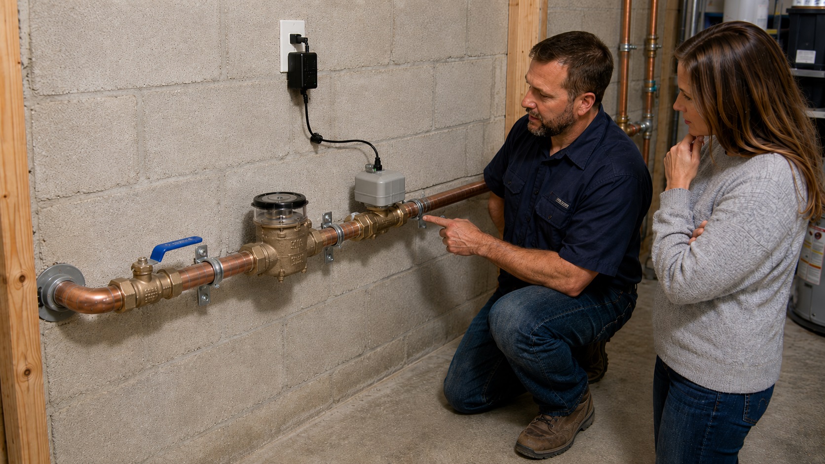 Plumber showing a homeowner a smart water shutoff installed on an accessible main copper water line after the manual valve and water meter.