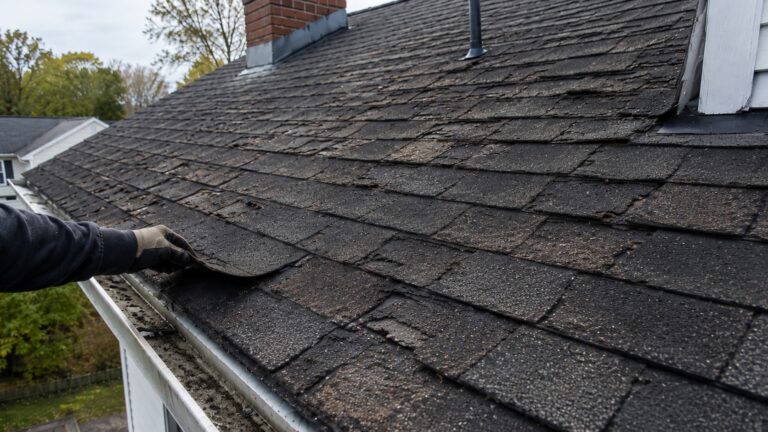 Gloved contractor lifting an aged asphalt shingle on a roof with widespread cracking, curling, granule loss, and deteriorated shingles.
