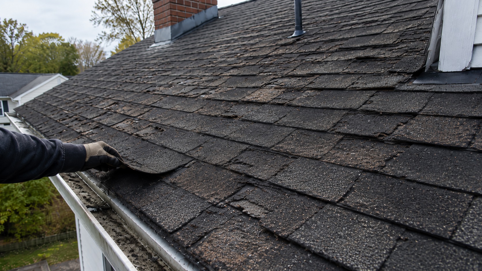 Gloved contractor lifting an aged asphalt shingle on a roof with widespread cracking, curling, granule loss, and deteriorated shingles.