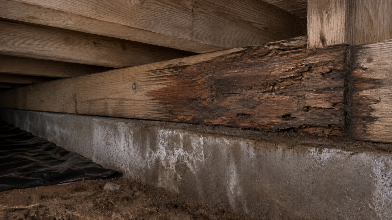 Water-damaged crawl space framing with dark staining, weathered joists, and early wood rot along a foundation wall.