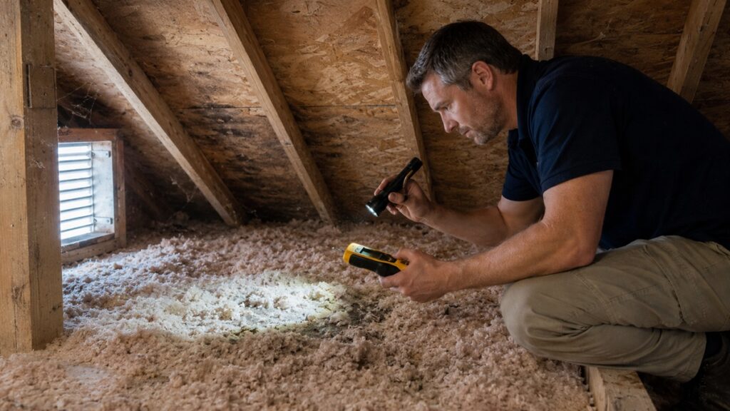 Homeowner inspecting subtle moisture signs in attic insulation with a flashlight and moisture meter