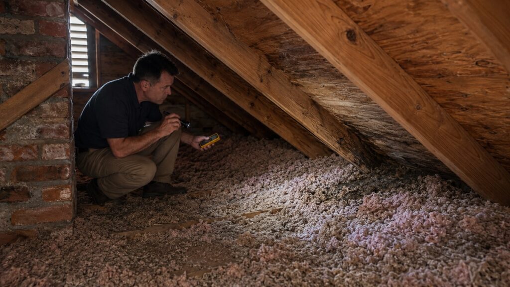 Home inspector checking subtle attic moisture near roof sheathing and insulation after rain.