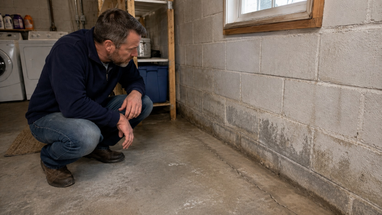Homeowner inspecting a damp cinder block basement wall with moisture stains and a concrete floor crack before applying basement waterproofing sealants.