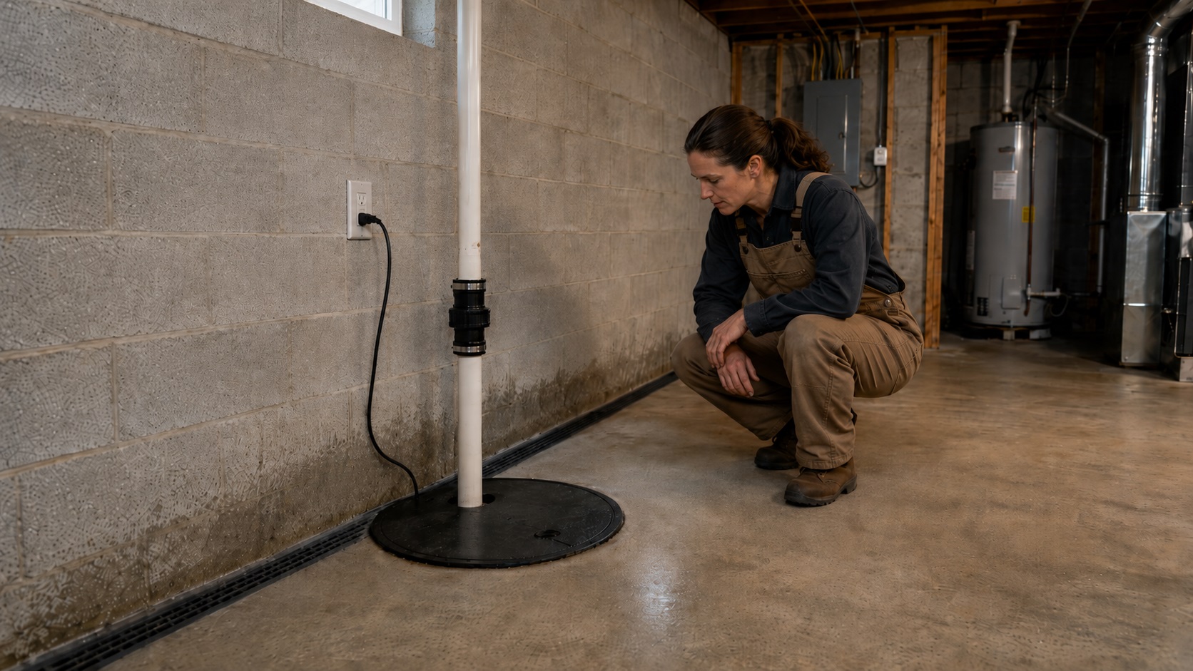 Unfinished basement with a sump pump pit, perimeter drainage channel, and homeowner inspecting subtle water intrusion signs.