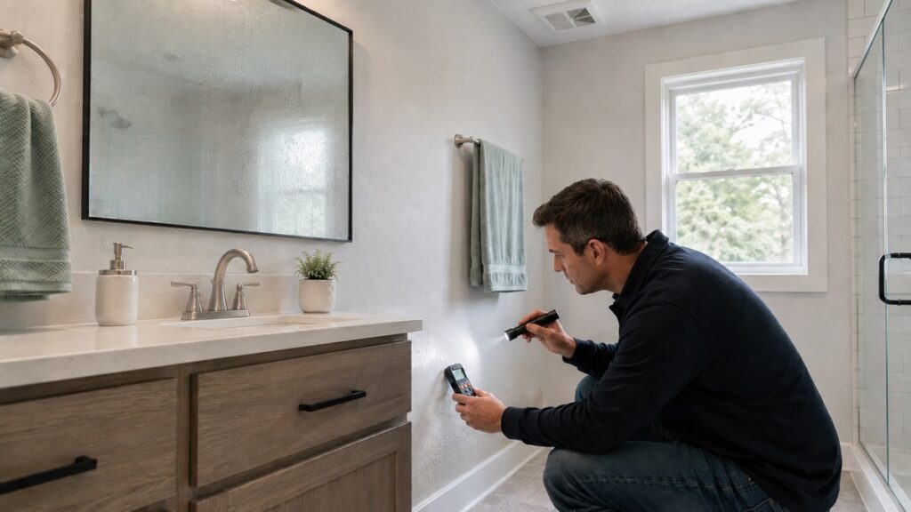 Homeowner checking subtle bathroom wall moisture and light condensation with a moisture meter