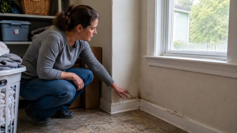 Homeowner inspecting a damp wall corner near a window with light moisture damage and early mold risk from indoor humidity