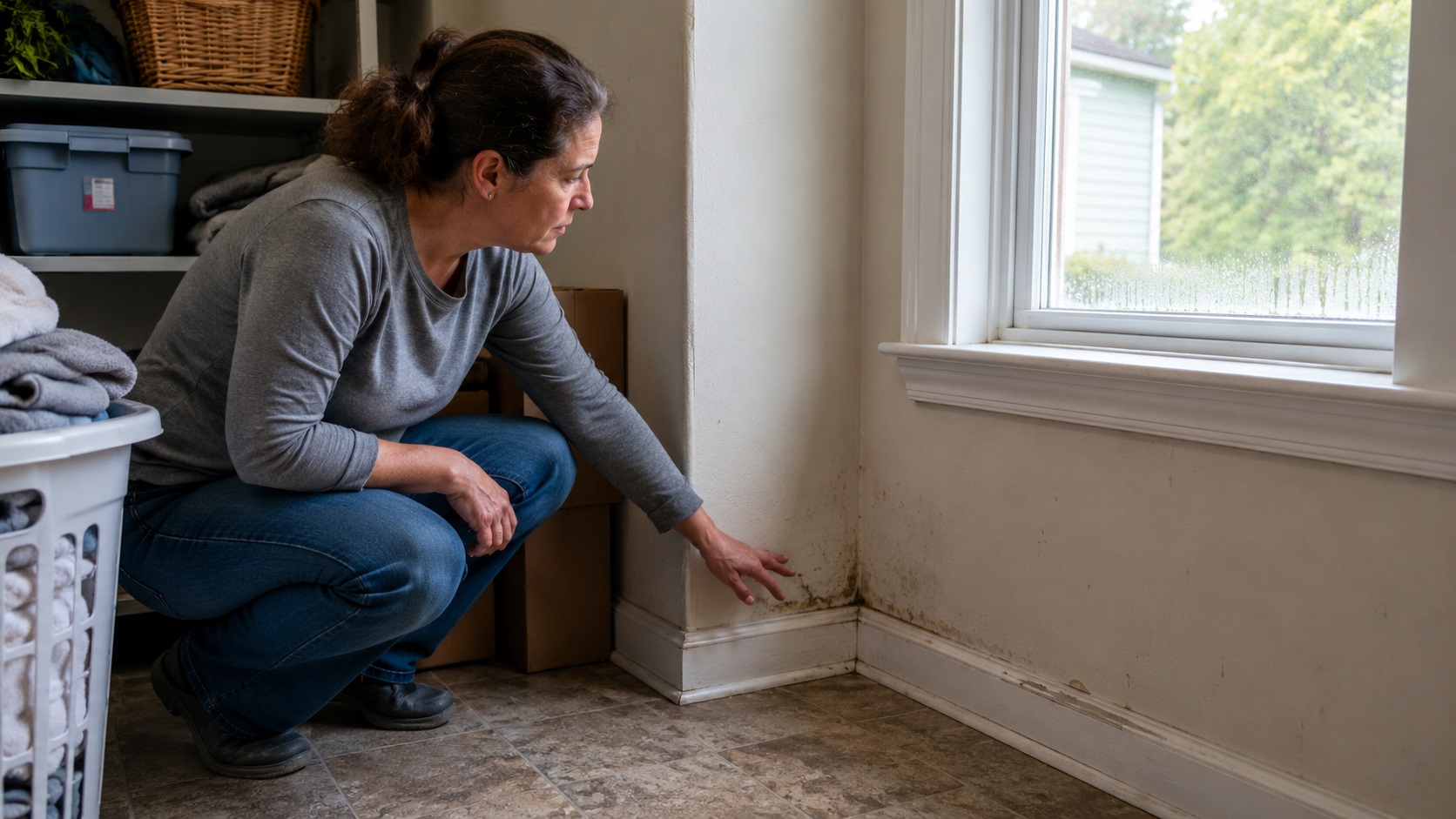 Homeowner inspecting a damp wall corner near a window with light moisture damage and early mold risk from indoor humidity