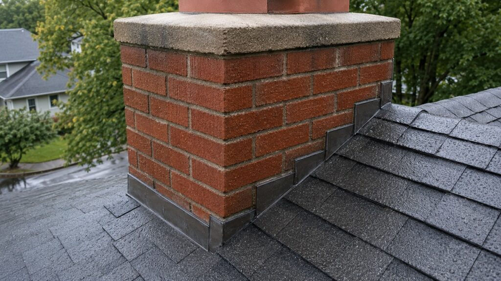 Brick chimney and roof flashing showing subtle moisture risk near mortar joints and the chimney base after rain.