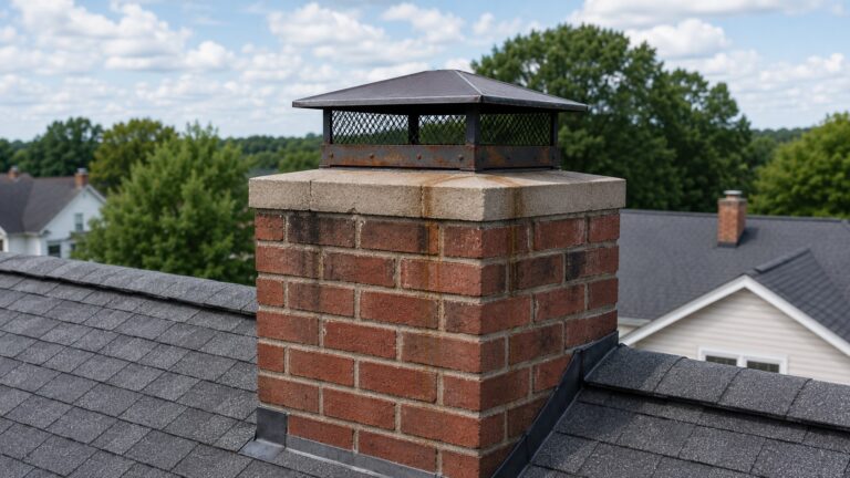 Brick chimney with a weathered concrete crown, subtle cracks, rust staining, and moisture streaks below the chimney cap.