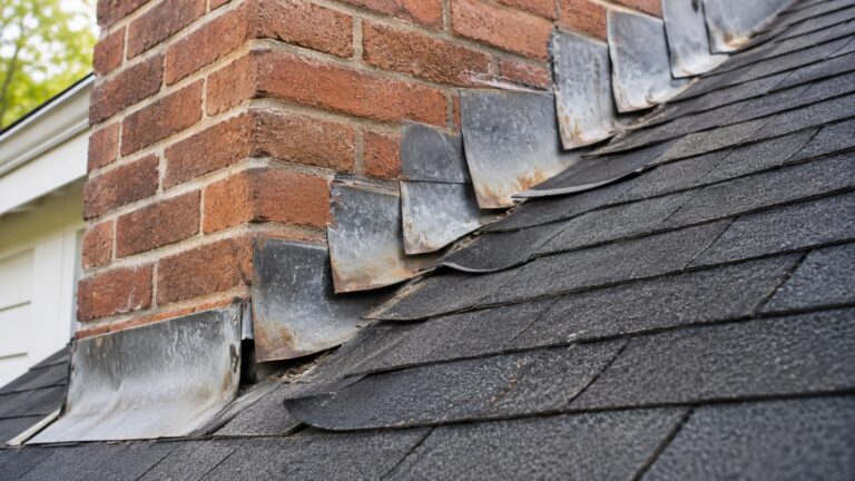 Brick chimney with roof flashing and a damaged shingle area showing signs of chimney flashing failure