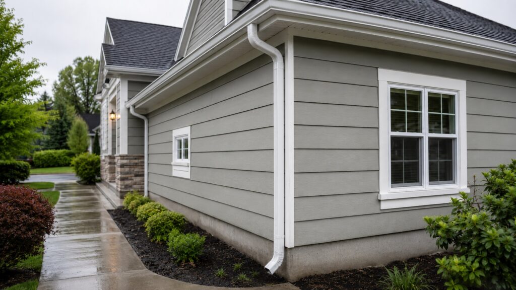 Home exterior after light rain showing common moisture risk areas near the roof, siding, windows, gutters, and foundation